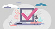 Checkmark approval concept, flat tiny person vector illustration
