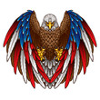 An eagle with an American flag. Graphic, color image of a flying eagle with wings the color of the American flag on a white background. Vector graphics.