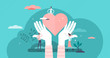 Love heart symbol with holding hands, flat tiny person vector illustration