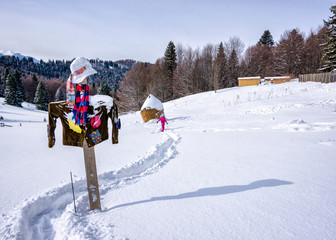 Sticker - Beautiful view at Secuilor chalet in winter at 1070 metre altitude and 7 km from the Predeal Ski Resort, Prahova Valley, Bucegi mountains, Romania.