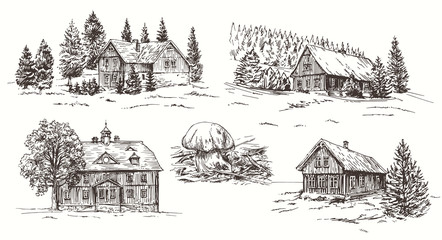 Canvas Print - Rural landscape. Hand drawn set