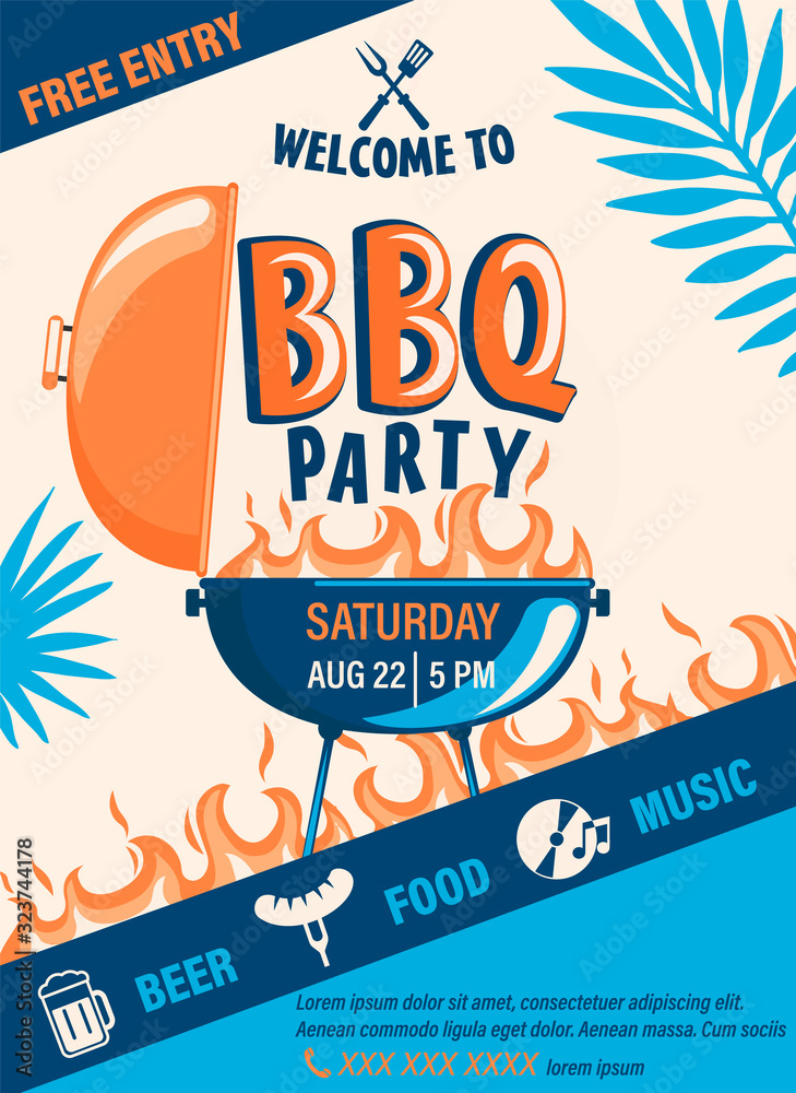 Welcome BBQ party flyer.Summer Barbecue weekend cookout event with beer,food,music.Design template for menu,poster,welcome banner, announcement.Cooking outdoor.Vector illustration. - obrazy, fototapety, plakaty 