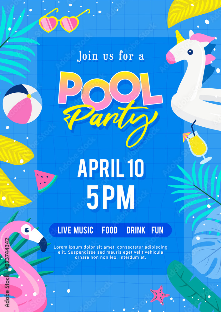 Pool party invitation poster vector illustration. Top view of swimming pool with cute pool floats. - obrazy, fototapety, plakaty 