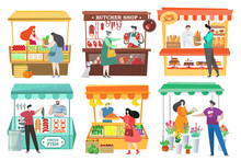 People At Food Market Buy And Sell Farm Products, Fruit And Vegetable Stall, Vector Illustration. Healthy Food At Marketplace, Men And Women Cartoon Characters. Butcher Shop, Bakery And Seafood Market