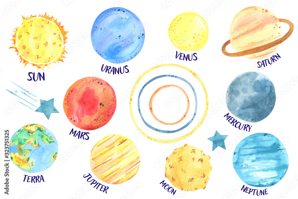 Watercolor set solar system, planets, space. Planet and space element ...