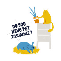 Wall Mural - Naughty cat tries to drop homeplant on a dog. Funny pet insurance concept for flyer, ad, banner, web. Hand drawn flat vector illustration. Hand drawn flat vector illustration.