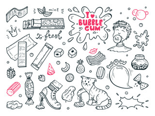 Sweets. Bubble Gum Set. Hand Drawn Doodle Chewing Gums and Candy. Vector illustration