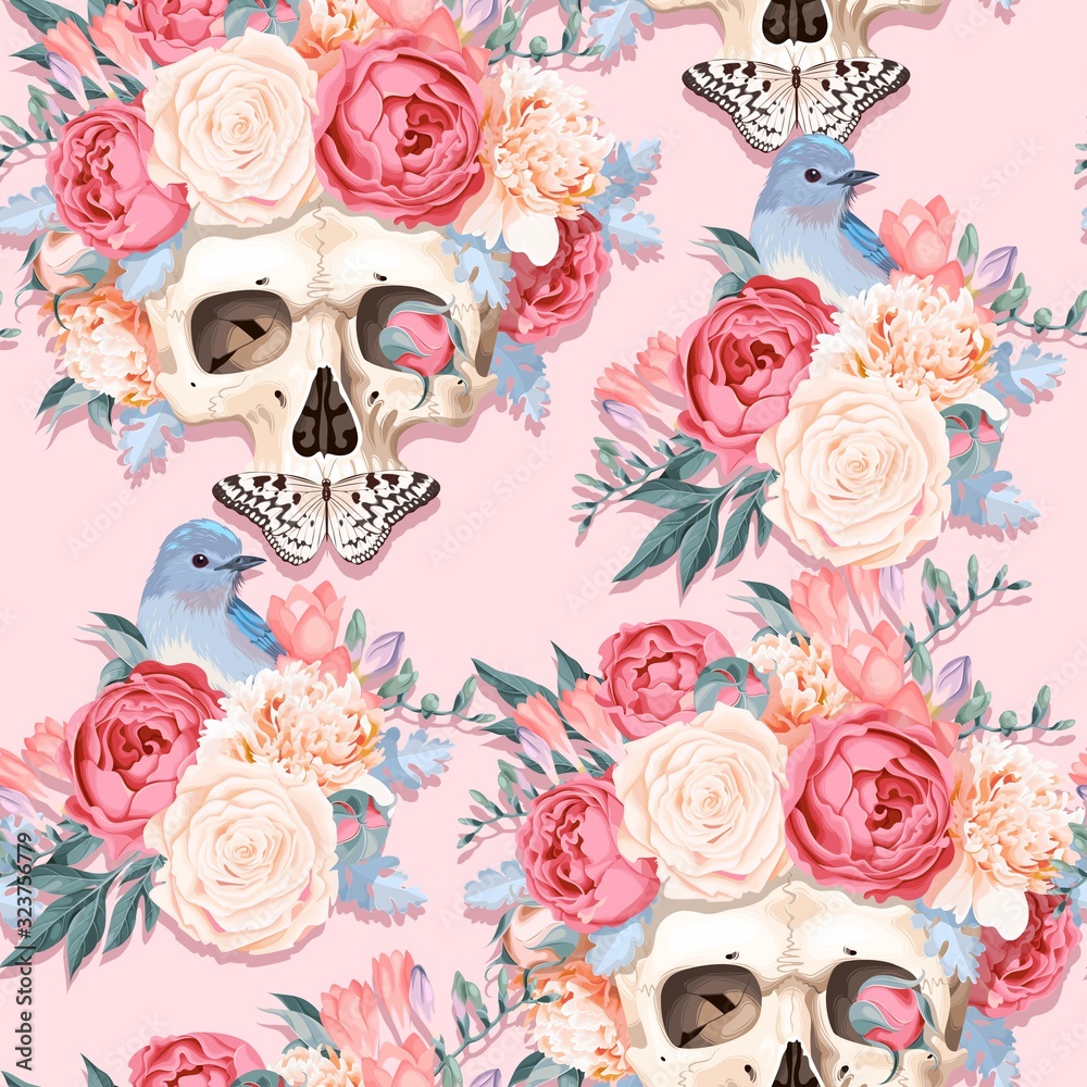 Seamless pattern with human skull and flowers Stock Vector | Adobe Stock