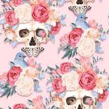 Seamless Pattern With Human Skull And Flowers
