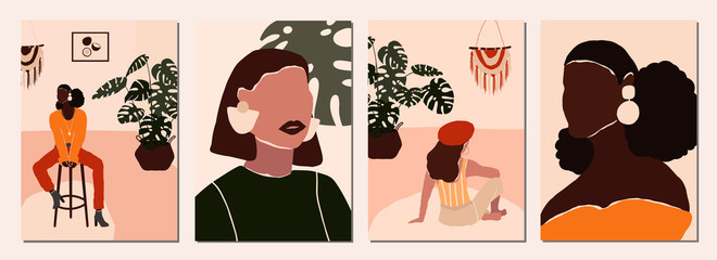 set of abstract modern woman people faces portraits artistic trendy background templates poster card