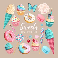 vector set of ice cream, muffins and macaroons