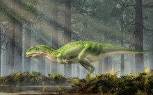 Majungasaurus Was A Carnivorous Theropod Dinosaur That Lived In Cretaceous Era Madagascar. Here A Green One Is Depicted In A Forest. 3D Rendering 