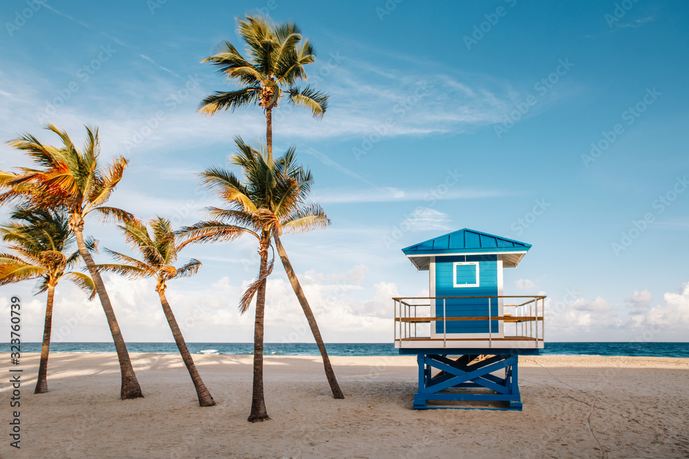Beautiful tropical Florida landscape with palm trees and a blue lifeguard house. Typical American beach ocean scenic view with lifeguard tower and exotic plants. Summer seasonal wallpaper background. - obrazy, fototapety, plakaty 