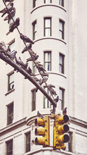 Traffic Light Post With Pigeons In New York City, Color Toned Picture, USA.