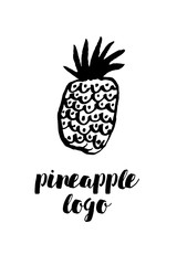 Wall Mural - Pineapple vector sketch logo. Hand drawn ink brush illustration isolated on white background. Fruit icon for logotype, infographic, website or app design.