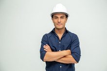 Handsome Man Industrial Engineer Wearing A White Helmet Solated On White Background