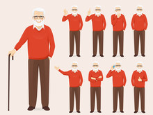 Handsome Senior Man In Casual Outfit Set With Different Gestures Isolated Vector Illustration