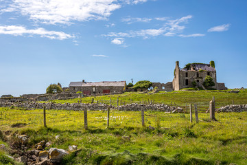 Old irish brick house in ruins in green grass field