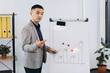 © anatoliycherkas - Asian businessman standing writing diagram and graph on whiteboard with presentation to manager in office room.