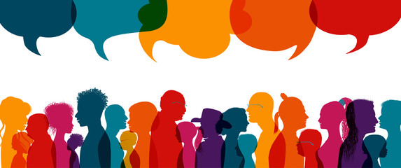 Sticker - Dialogue group of diverse people.Group of families.Communication multiethnic people. Crowd talking.Sharing information and ideas.Silhouette.Speak discussion.Globalization.Speech bubble