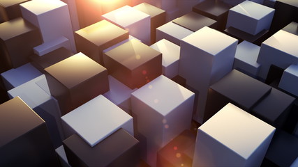 Aufkleber - 3d rendering geometric surface. Transformation of rectangle elements of different levels with a square base. Abstract structure with cubes, computer generated