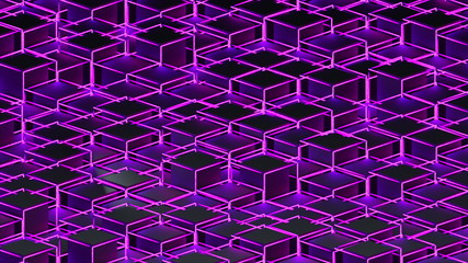 Canvas Print - 3d rendering background of isometric neon cubes located at different levels. Computer generated abstract geometric frame.