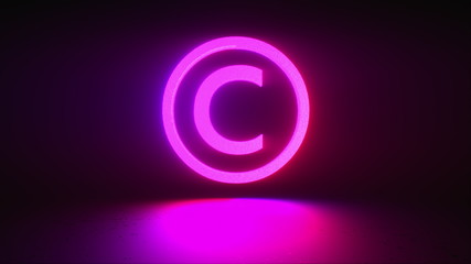 Poster - Rotating neon copyright sign on a dark background, computer generated. 3d rendering of copyright protection