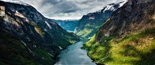  Panorama Of Beautiful Valley With Mountains And River In Norway