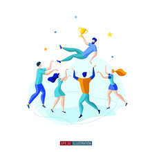 Trendy Flat Illustration. People Congratulate Their Friend On The Victory. Goal Achievement. Golden Cup. Successful Teamwork. Template For Your Design Works. Vector Graphics.