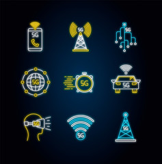 Canvas Print - 5G wireless technology neon light icons set. Cell tower, improved phone calls. VR headset. Fast connection. Mobile network. Signs with outer glowing effect. Vector isolated RGB color illustrations