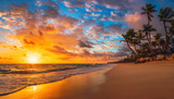 Fototapeta Zachód słońca - Landscape of paradise tropical island beach