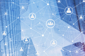 Wall Mural - smart city and social media people icons communication network on modern city background.
