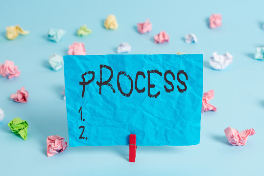 Handwriting text writing Process. Conceptual photo Standard procedures how to handle a particular job rules system Colored crumpled rectangle shaped reminder paper light blue background