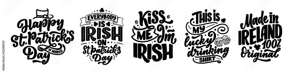 Set with St. Patrick's Day quotes, typography greeting cards template. Lettering slogans for print, t-shirt, festive design element. Vector - obrazy, fototapety, plakaty 