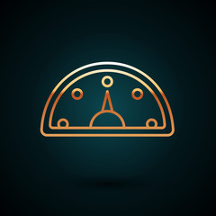 Gold line Speedometer icon isolated on dark blue background. Vector Illustration