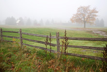 Farm Barn In Foggy Morning