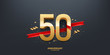 50th Year anniversary celebration background. 3D Golden number wrapped with red ribbon and confetti on black background.