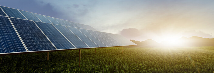 Wall Mural - panoramic - solar panel at sunset