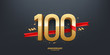 100th Year anniversary celebration background. 3D Golden number wrapped with red ribbon and confetti on black background.