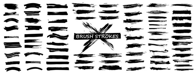 Wall Mural - Diverse brush stroke set. Isolated grunge silhouette set. Big collection, Black ink grunge, ink splatter, dirt lines. Vector illustration brush set