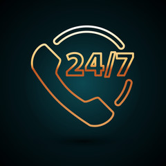 Sticker - Gold line Telephone 24 hours support icon isolated on dark blue background. All-day customer support call-center. Full time call services. Vector Illustration