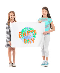 Wall Mural - Little children with drawing on white background. Earth Day celebration