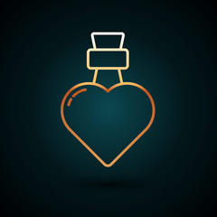 Gold line Bottle with love potion icon isolated on dark blue background. Valentines day symbol. Vector Illustration