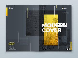 Wall Mural - Brochure Template Layout Design. Yellow Grey Corporate Business Brochure, Annual Report, Catalog, Magazine, Flyer Mockup. Creative Modern Bright Concept with Line Shapes. Vector