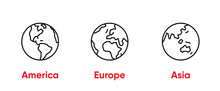 Globe Of America, Europe, Asia Thin Line Editable Stroke Icons. Vector Template.
