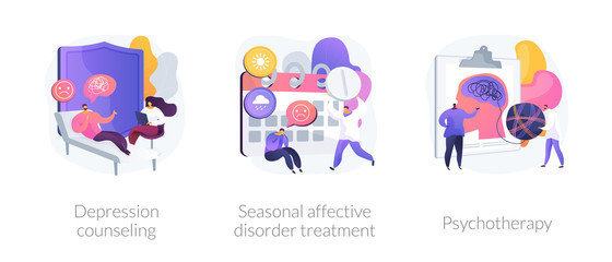 Sticker - Psychology and psychiatry, mental disorder therapy. Depression counseling, seasonal affective disorder treatment, psychotherapy metaphors. Vector isolated concept metaphor illustrations.