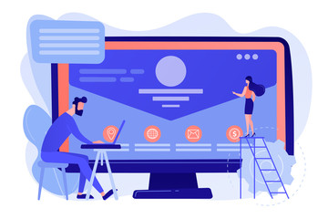 Web developer working on company website, tiny people. Corporate website, official company website, online business representation concept. Pinkish coral bluevector isolated illustration