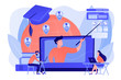 © Visual Generation - Distance university students flat characters watching tutorial video. Global online education, e-learning tools, internet training webinar concept. Pinkish coral bluevector isolated illustration