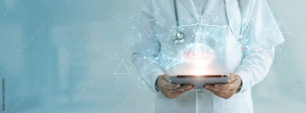 Medicine doctor holding electronic medical record on tablet, Brain testing result, DNA, Digital healthcare and network connection on hologram interface, Science, Medical technology and networking. - obrazy, fototapety, plakaty 