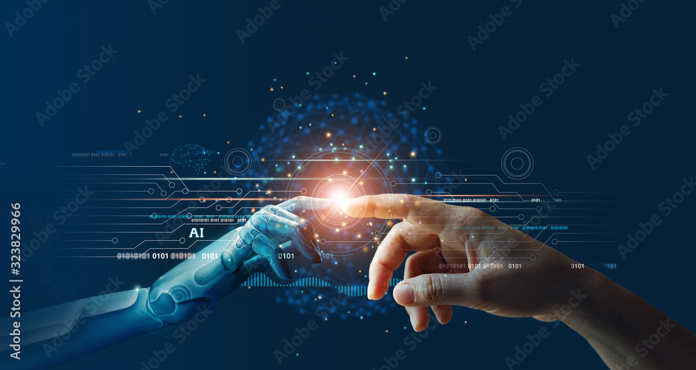 AI, Machine learning, Hands of robot and human touching on big data network connection background, Science and artificial intelligence technology, innovation and futuristic. - obrazy, fototapety, plakaty 